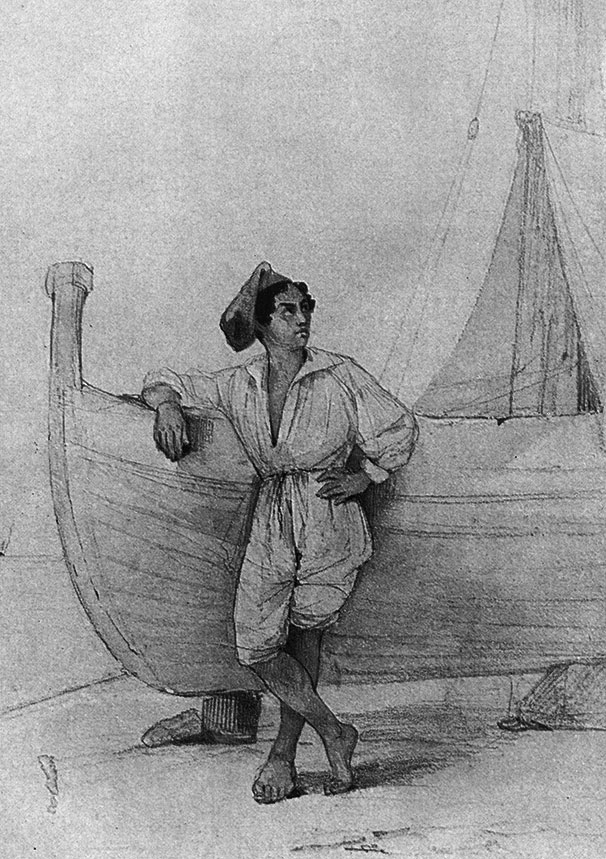 Рыбак у парусной лодки. Акварель. 1840-е гг