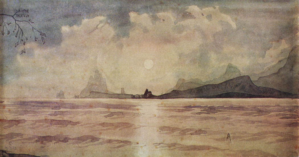 Ведет сквозь волны и туманы мой лунный одинокий путь.1929  Бумага, акварель. 17×31,7