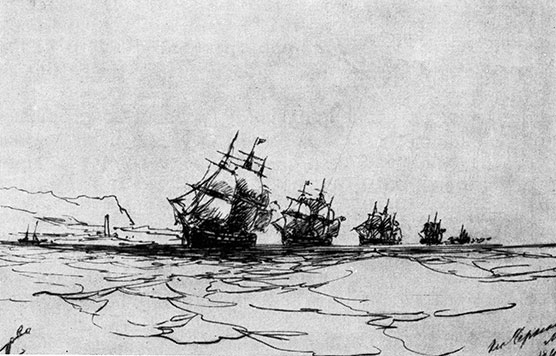 Корабли Черноморского флота в кильватерной колонне. 1847. Рисунок. Феодосийская картинная галерея